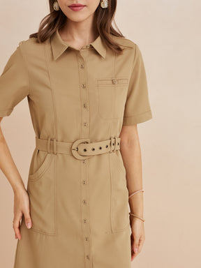 Latin Quarters Women'S Beige Collar Neck Half Sleeves Solid Casual Shirt Dress