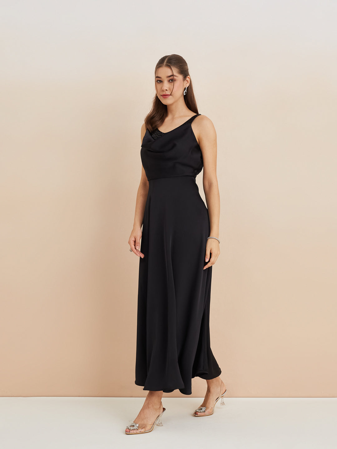 Latin Quarters Women'S Black Cowl Neck Sleeveless Solid Party A-Line Dress