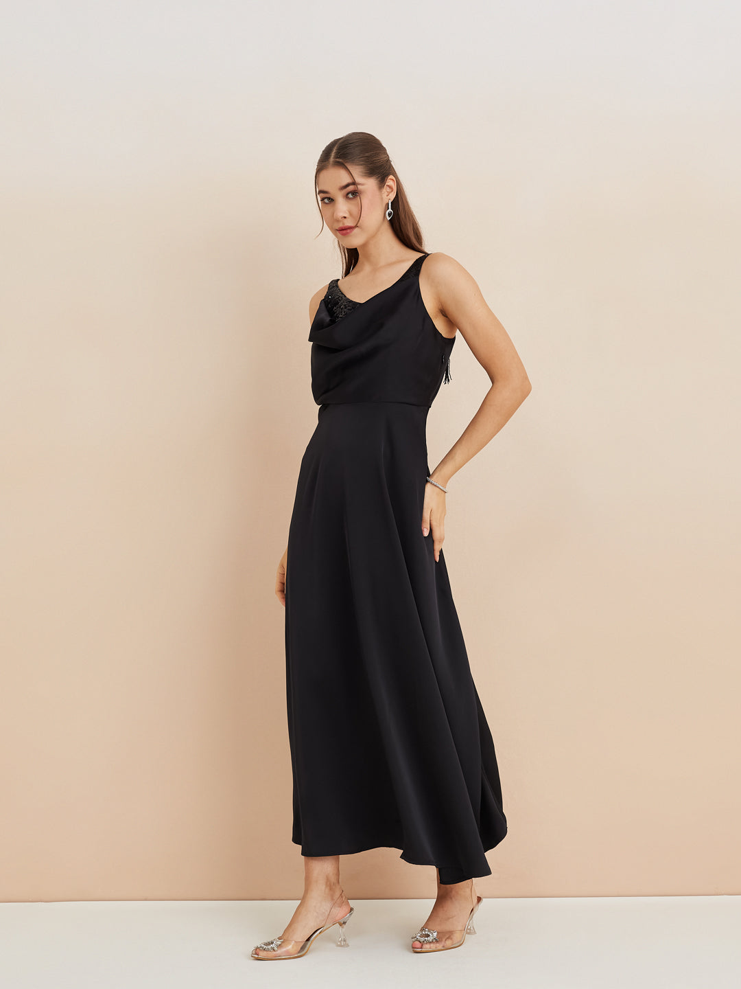 Latin Quarters Women'S Black Cowl Neck Sleeveless Solid Party A-Line Dress