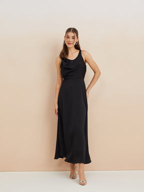 Latin Quarters Women'S Black Cowl Neck Sleeveless Solid Party A-Line Dress
