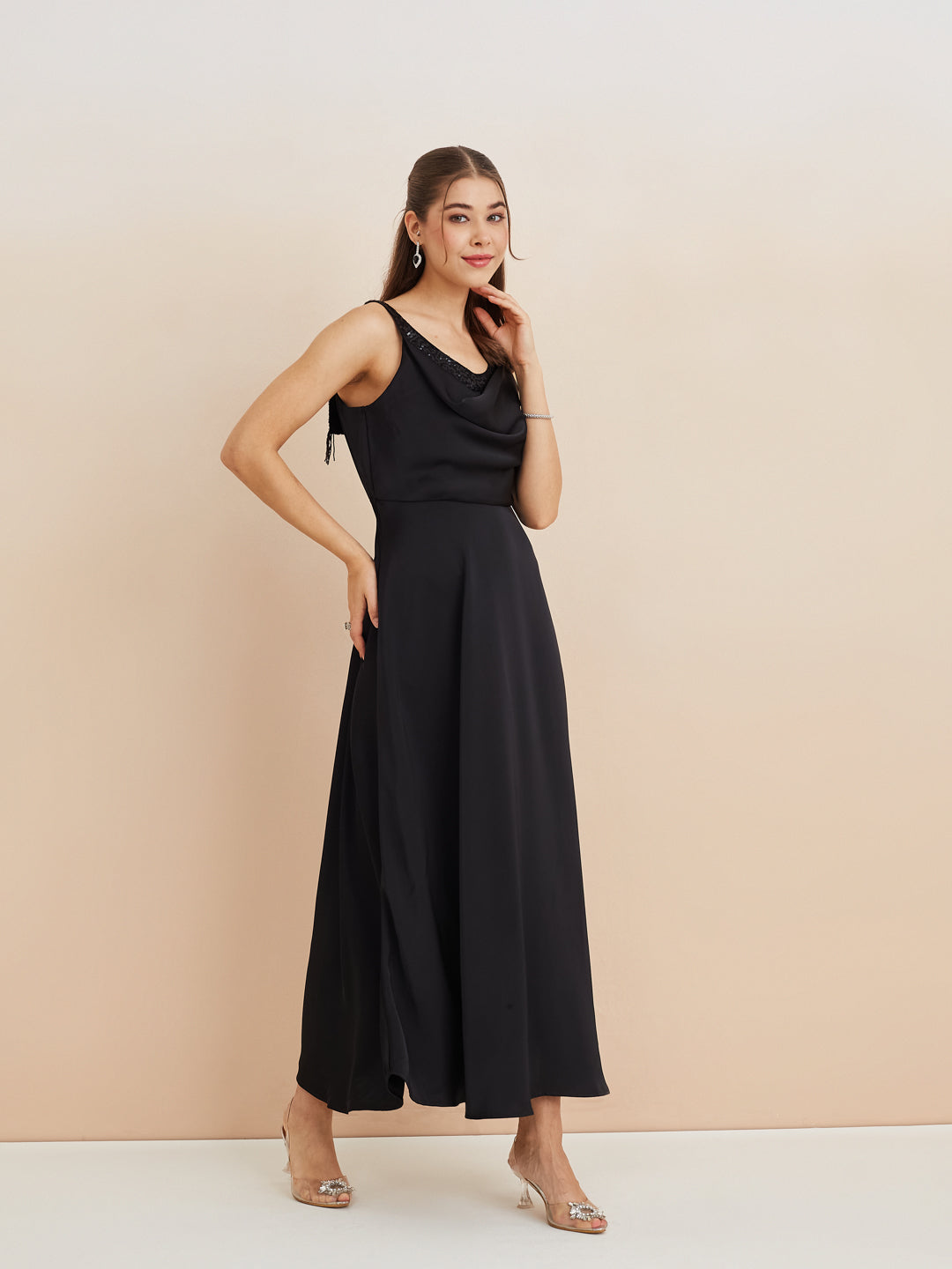 Latin Quarters Women'S Black Cowl Neck Sleeveless Solid Party A-Line Dress