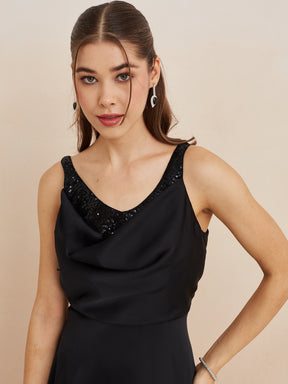 Latin Quarters Women'S Black Cowl Neck Sleeveless Solid Party A-Line Dress