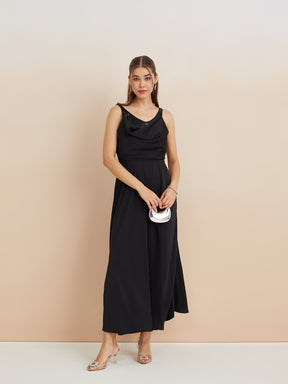 Latin Quarters Women'S Black Cowl Neck Sleeveless Solid Party A-Line Dress