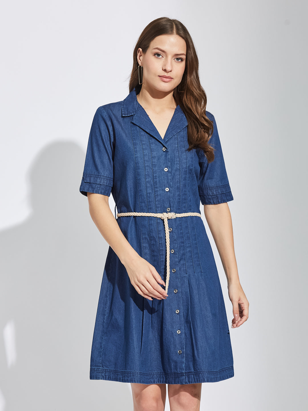 Latin Quarters Women's Blue Collar Neck Half Sleeves Casual Solid Dress