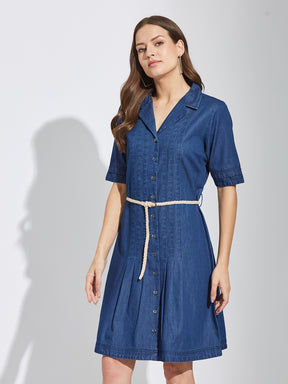 Latin Quarters Women's Blue Collar Neck Half Sleeves Casual Solid Dress