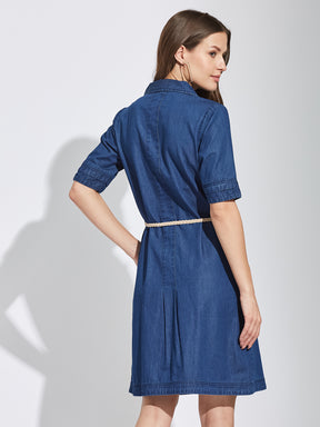 Latin Quarters Women's Blue Collar Neck Half Sleeves Casual Solid Dress