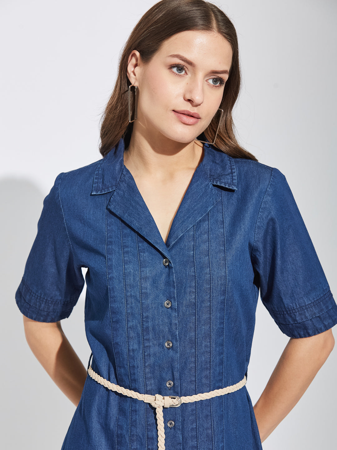 Latin Quarters Women's Blue Collar Neck Half Sleeves Casual Solid Dress