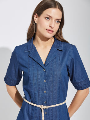 Latin Quarters Women's Blue Collar Neck Half Sleeves Casual Solid Dress