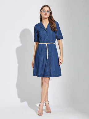 Latin Quarters Women's Blue Collar Neck Half Sleeves Casual Solid Dress