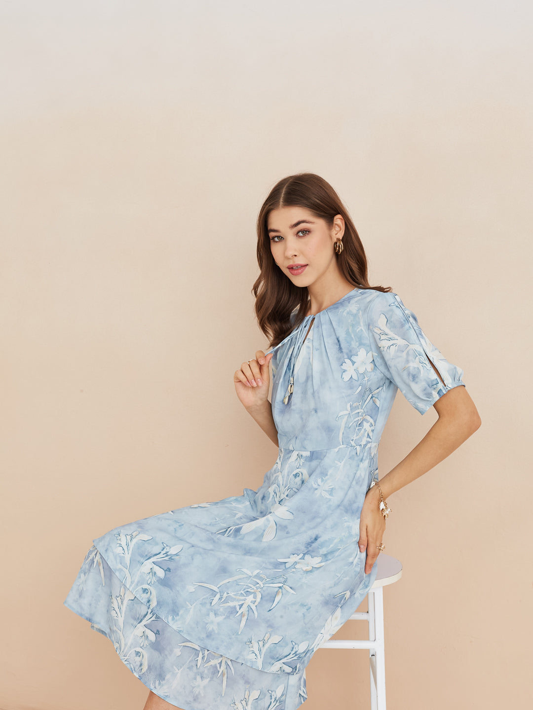 Latin Quarters Women'S Blue Tie-Up Neck Half Sleeves Printed Casual Fit & Flare Dress