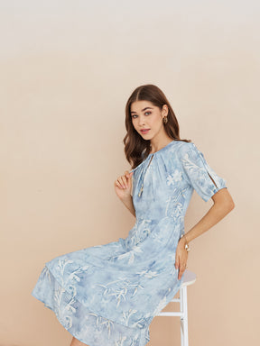 Latin Quarters Women'S Blue Tie-Up Neck Half Sleeves Printed Casual Fit & Flare Dress