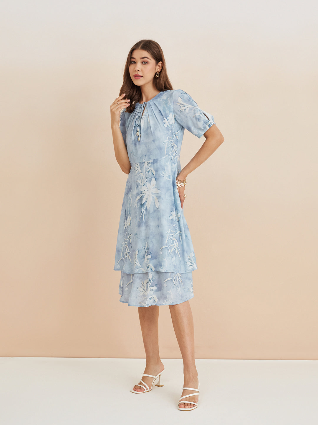 Latin Quarters Women'S Blue Tie-Up Neck Half Sleeves Printed Casual Fit & Flare Dress