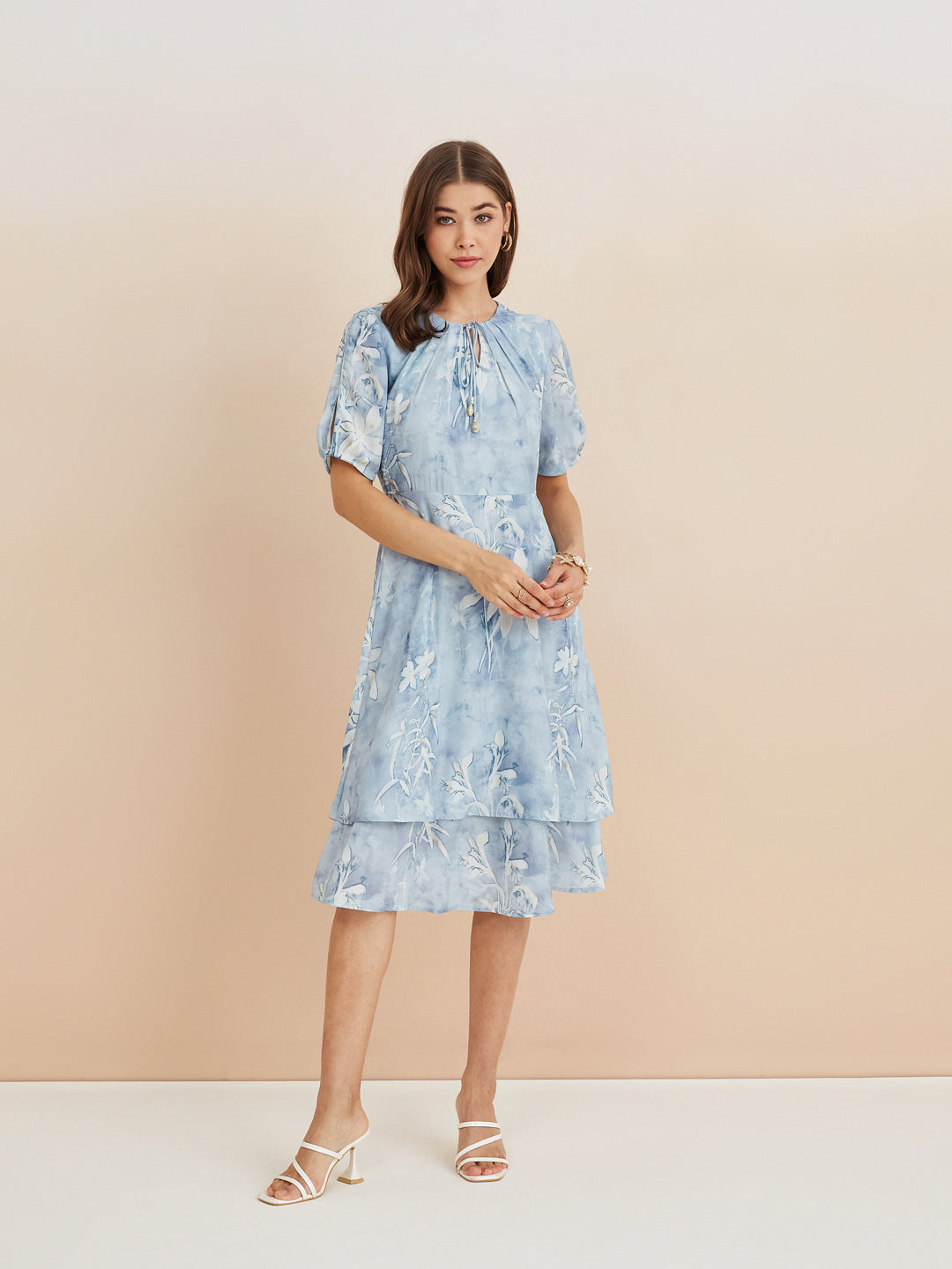 Latin Quarters Women'S Blue Tie-Up Neck Half Sleeves Printed Casual Fit & Flare Dress