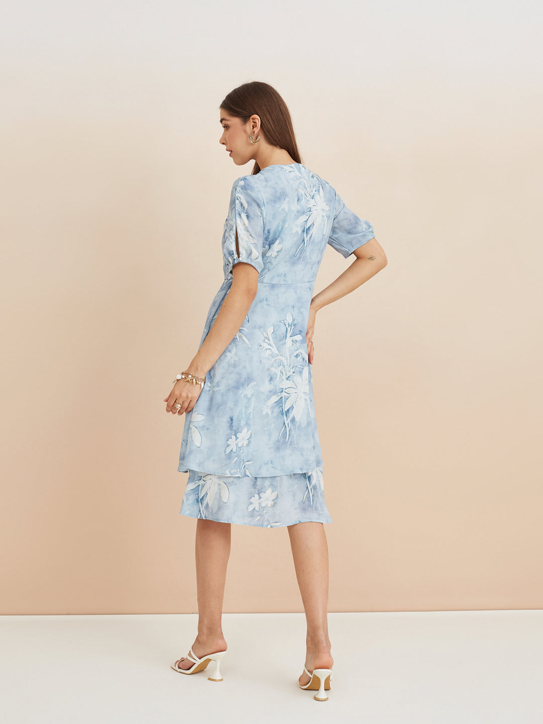 Latin Quarters Women'S Blue Tie-Up Neck Half Sleeves Printed Casual Fit & Flare Dress