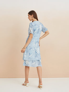 Latin Quarters Women'S Blue Tie-Up Neck Half Sleeves Printed Casual Fit & Flare Dress