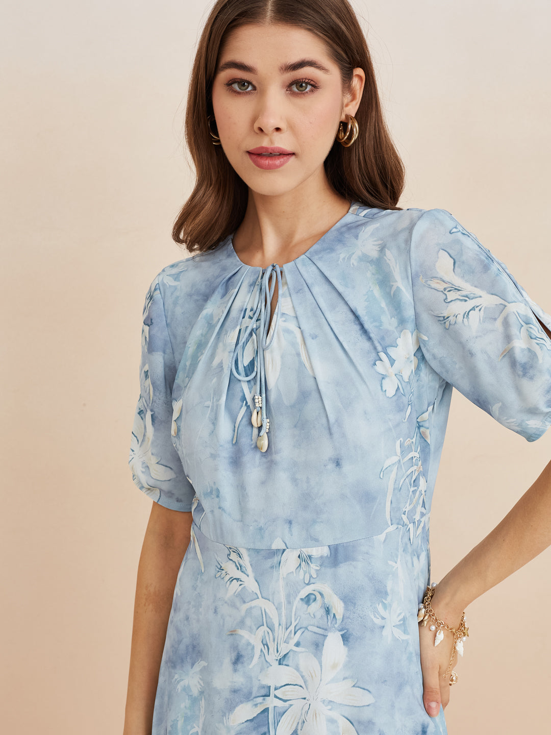 Latin Quarters Women'S Blue Tie-Up Neck Half Sleeves Printed Casual Fit & Flare Dress