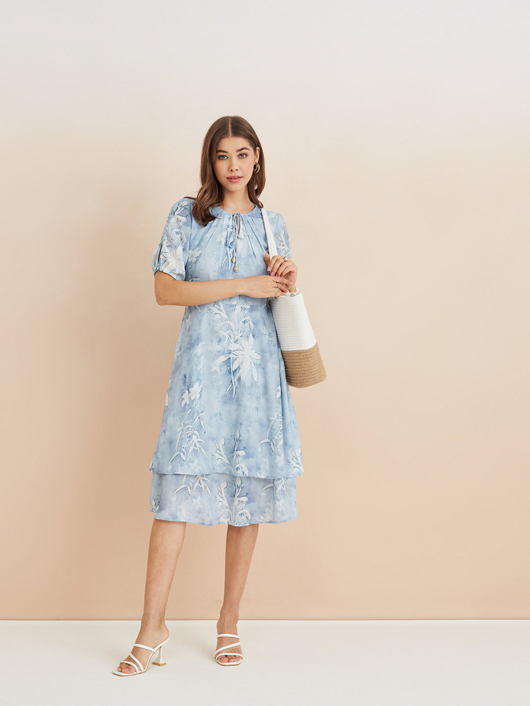 Latin Quarters Women'S Blue Tie-Up Neck Half Sleeves Printed Casual Fit & Flare Dress