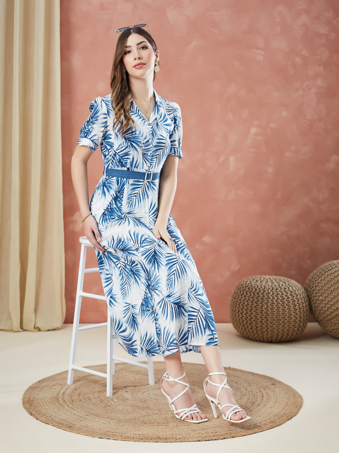 Latin Quarters Women's Blue Half Sleeves Printed Collar Neck Casual Dress