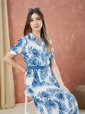 Latin Quarters Women's Blue Half Sleeves Printed Collar Neck Casual Dress