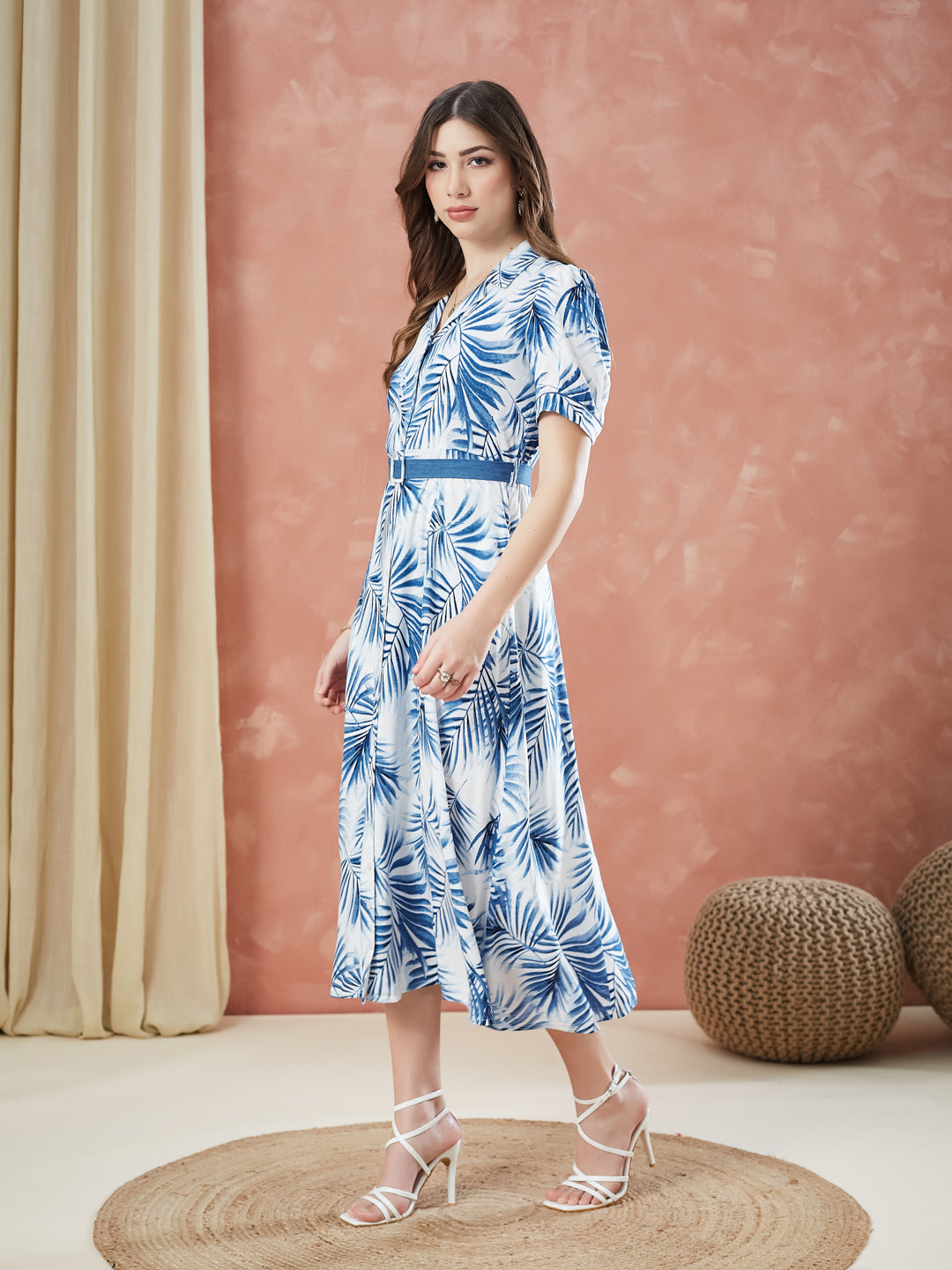 Latin Quarters Women's Blue Half Sleeves Printed Collar Neck Casual Dress