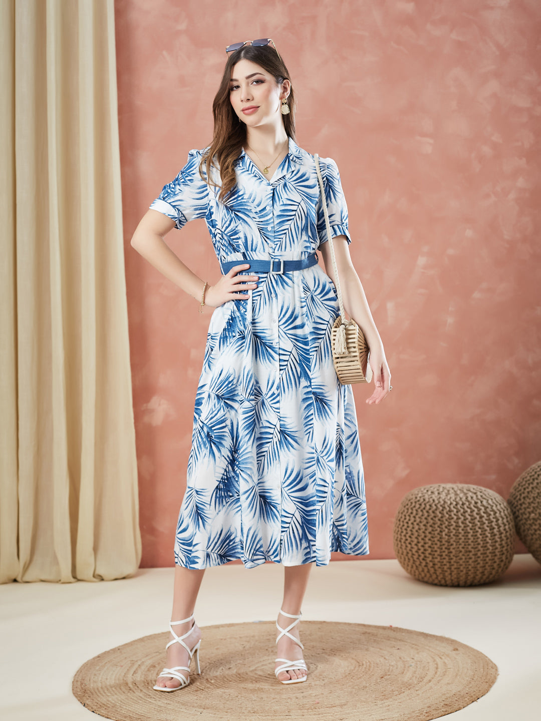 Latin Quarters Women's Blue Half Sleeves Printed Collar Neck Casual Dress