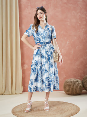 Latin Quarters Women's Blue Half Sleeves Printed Collar Neck Casual Dress