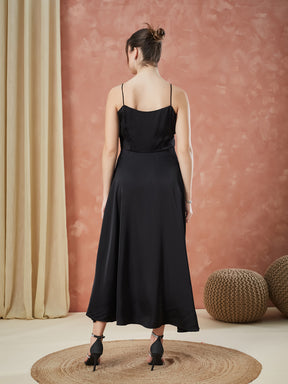 Latin Quarters Women's Black Strap Sleeves Solid Sweatheart Neck Party Dress