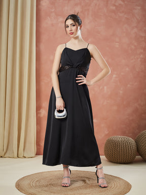 Latin Quarters Women's Black Strap Sleeves Solid Sweatheart Neck Party Dress