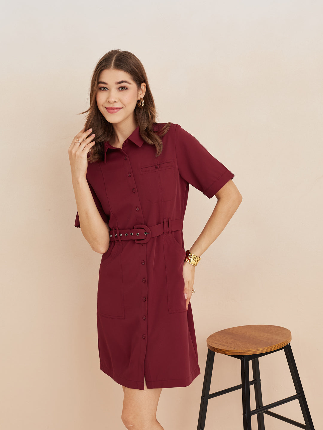 Latin Quarters Women'S Maroon Collar Neck Half Sleeves Solid Casual Shirt Dress
