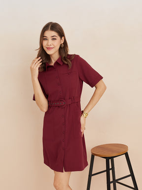 Latin Quarters Women'S Maroon Collar Neck Half Sleeves Solid Casual Shirt Dress