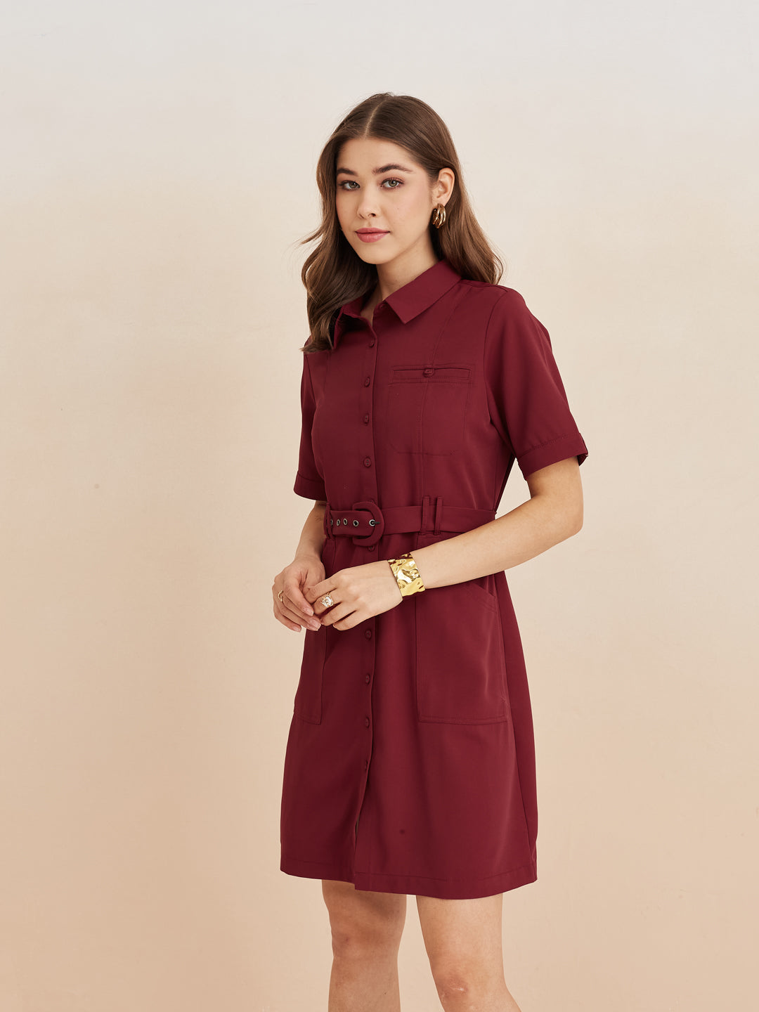 Latin Quarters Women'S Maroon Collar Neck Half Sleeves Solid Casual Shirt Dress