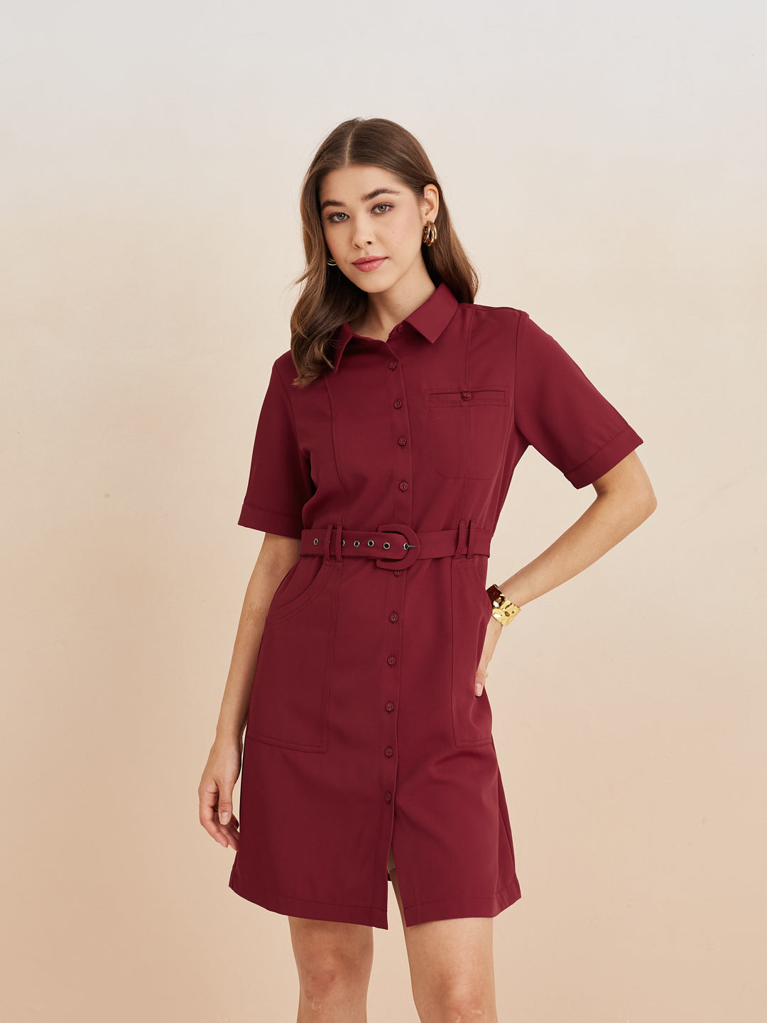 Latin Quarters Women'S Maroon Collar Neck Half Sleeves Solid Casual Shirt Dress