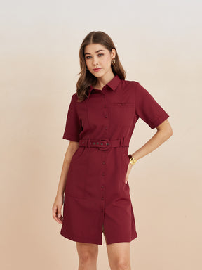 Latin Quarters Women'S Maroon Collar Neck Half Sleeves Solid Casual Shirt Dress