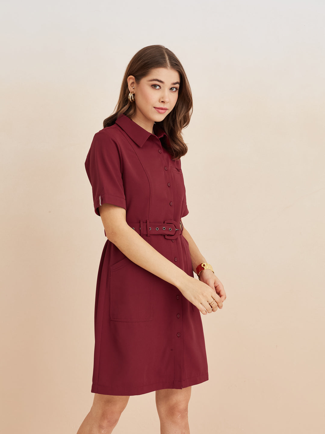 Latin Quarters Women'S Maroon Collar Neck Half Sleeves Solid Casual Shirt Dress