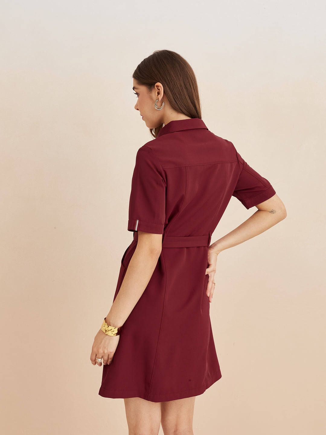 Latin Quarters Women'S Maroon Collar Neck Half Sleeves Solid Casual Shirt Dress