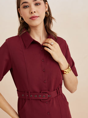 Latin Quarters Women'S Maroon Collar Neck Half Sleeves Solid Casual Shirt Dress