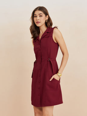 Latin Quarters Women'S Maroon Collar Neck Sleeveless Solid Casual Shirt Dress