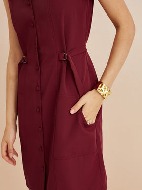 Latin Quarters Women'S Maroon Collar Neck Sleeveless Solid Casual Shirt Dress