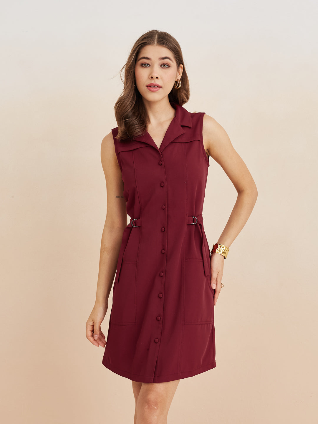 Latin Quarters Women'S Maroon Collar Neck Sleeveless Solid Casual Shirt Dress