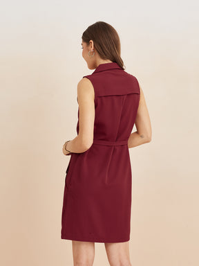 Latin Quarters Women'S Maroon Collar Neck Sleeveless Solid Casual Shirt Dress