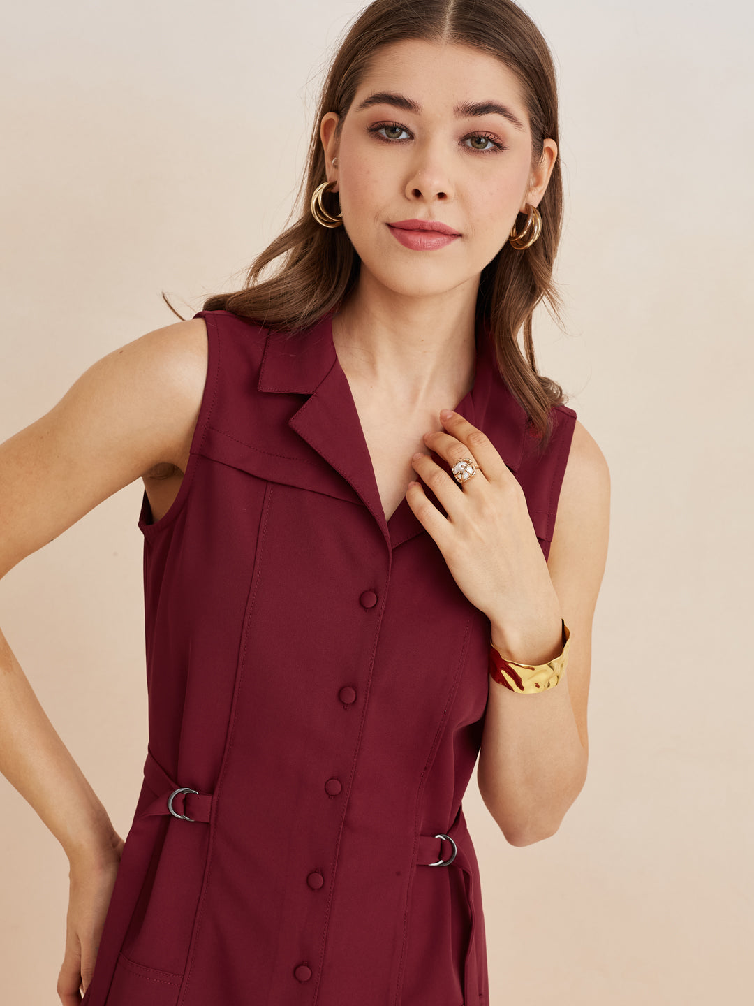 Latin Quarters Women'S Maroon Collar Neck Sleeveless Solid Casual Shirt Dress