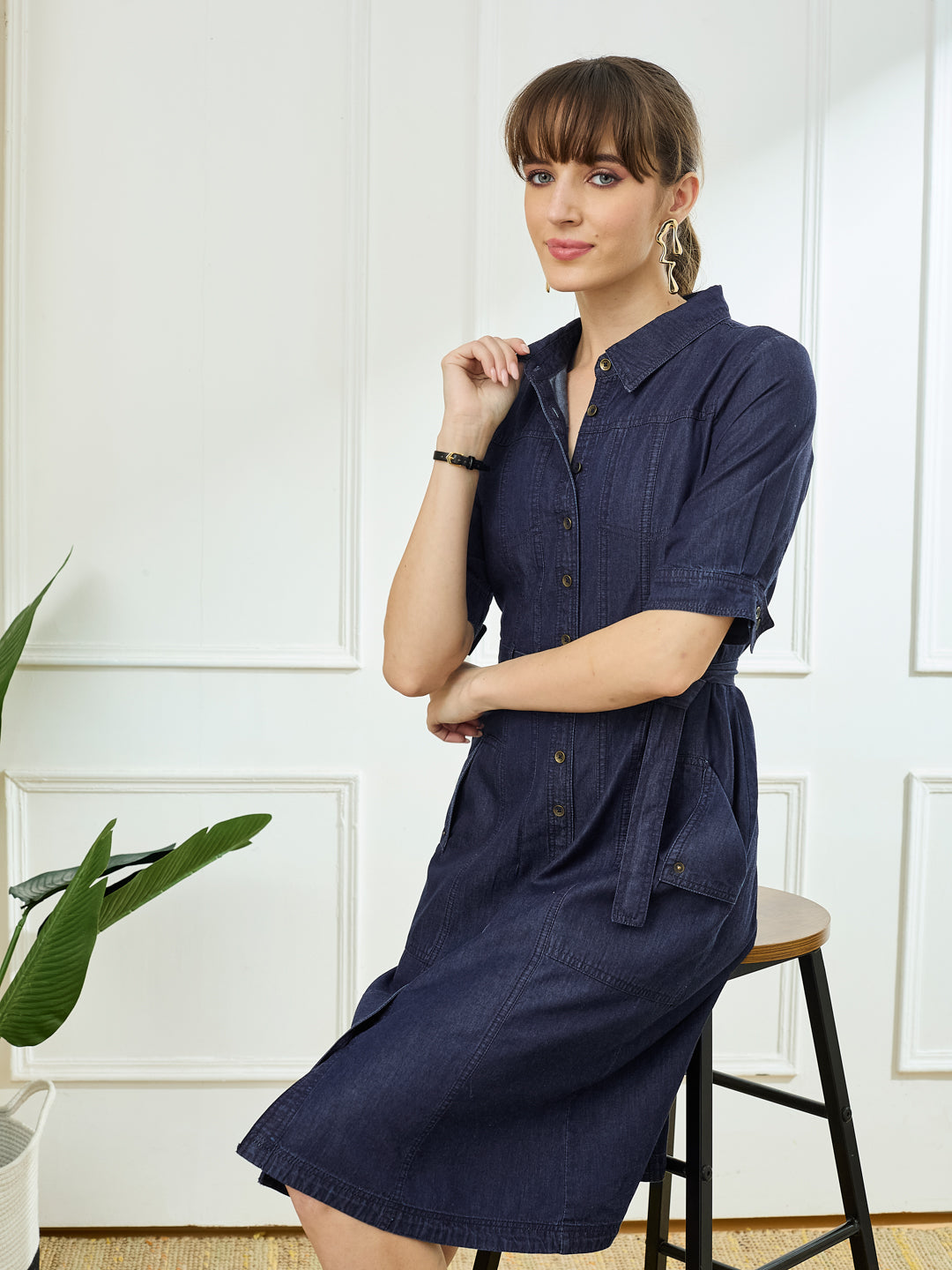 Latin Quarters Women's Blue Half Sleeves Collar Neck Casual Solid Dress