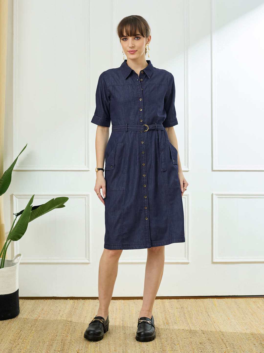 Latin Quarters Women Blue Half Sleeve Collared Casual Solid Dress
