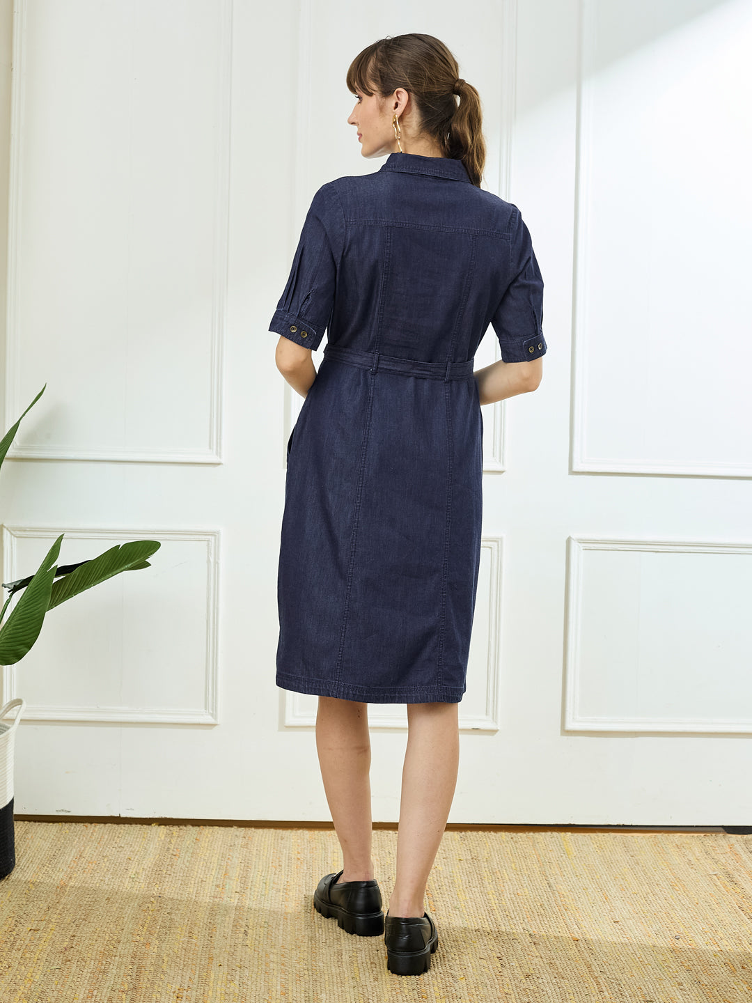 Latin Quarters Women's Blue Half Sleeves Collar Neck Casual Solid Dress