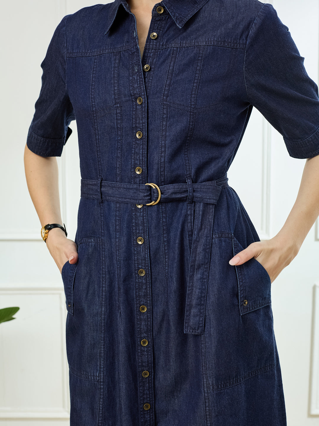 Latin Quarters Women's Blue Half Sleeves Collar Neck Casual Solid Dress