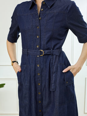 Latin Quarters Women's Blue Half Sleeves Collar Neck Casual Solid Dress