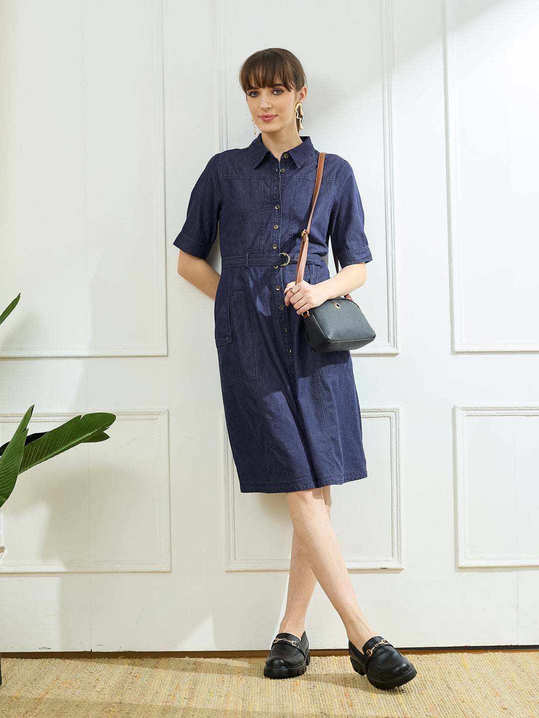 Latin Quarters Women Blue Half Sleeve Collared Casual Solid Dress