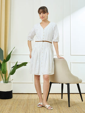 Latin Quarters Women's White Half Sleeves V-Neck Casual Embroidery Dress