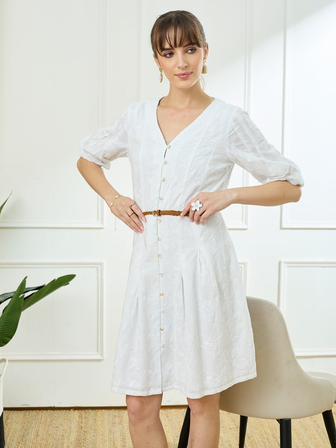 Latin Quarters Women's White Half Sleeves V-Neck Casual Embroidery Dress