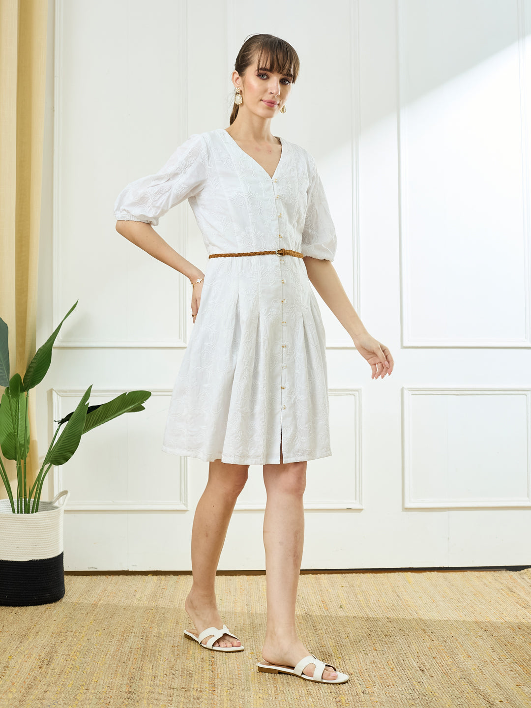 Latin Quarters Women's White Half Sleeves V-Neck Casual Embroidery Dress